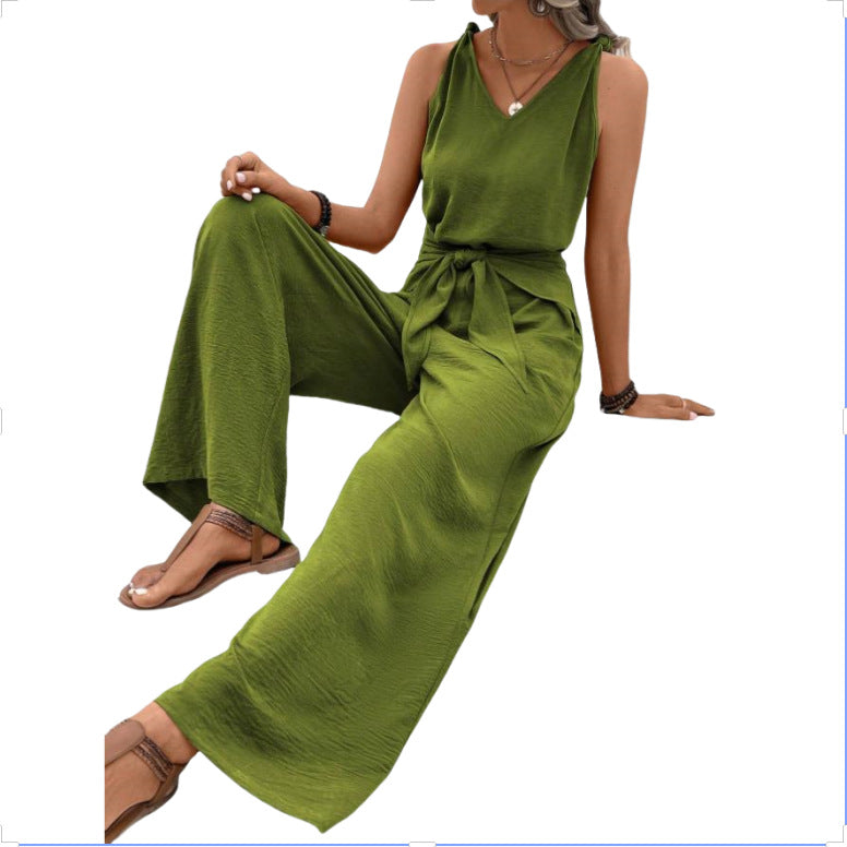 Womens V-neck Sleeveless Wide-leg Jumpsuit