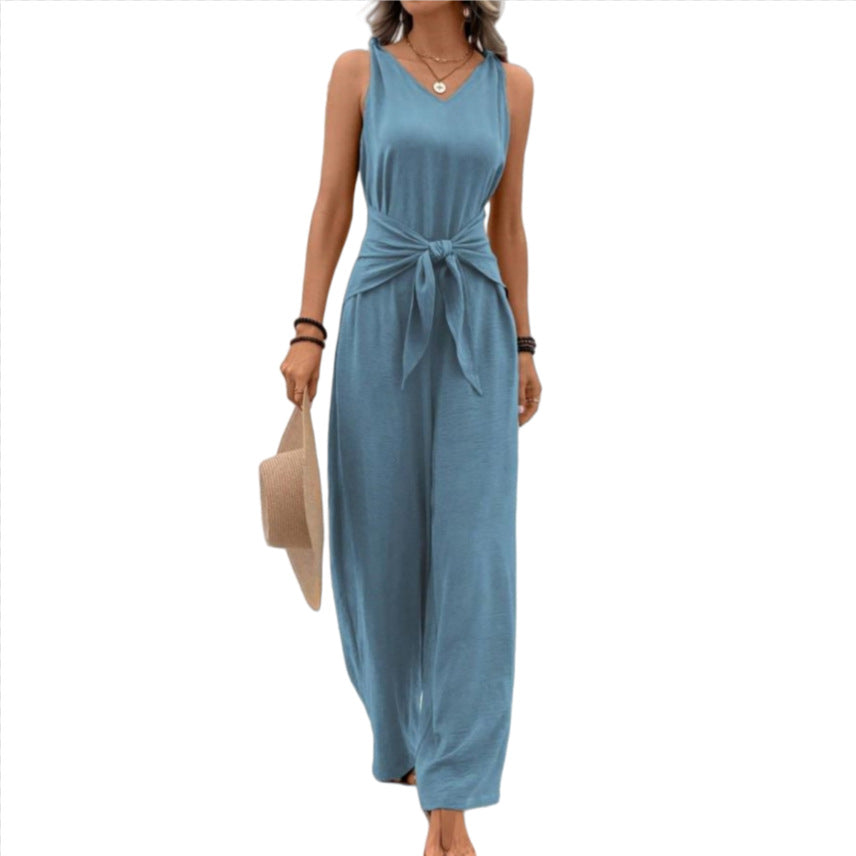 Womens V-neck Sleeveless Wide-leg Jumpsuit