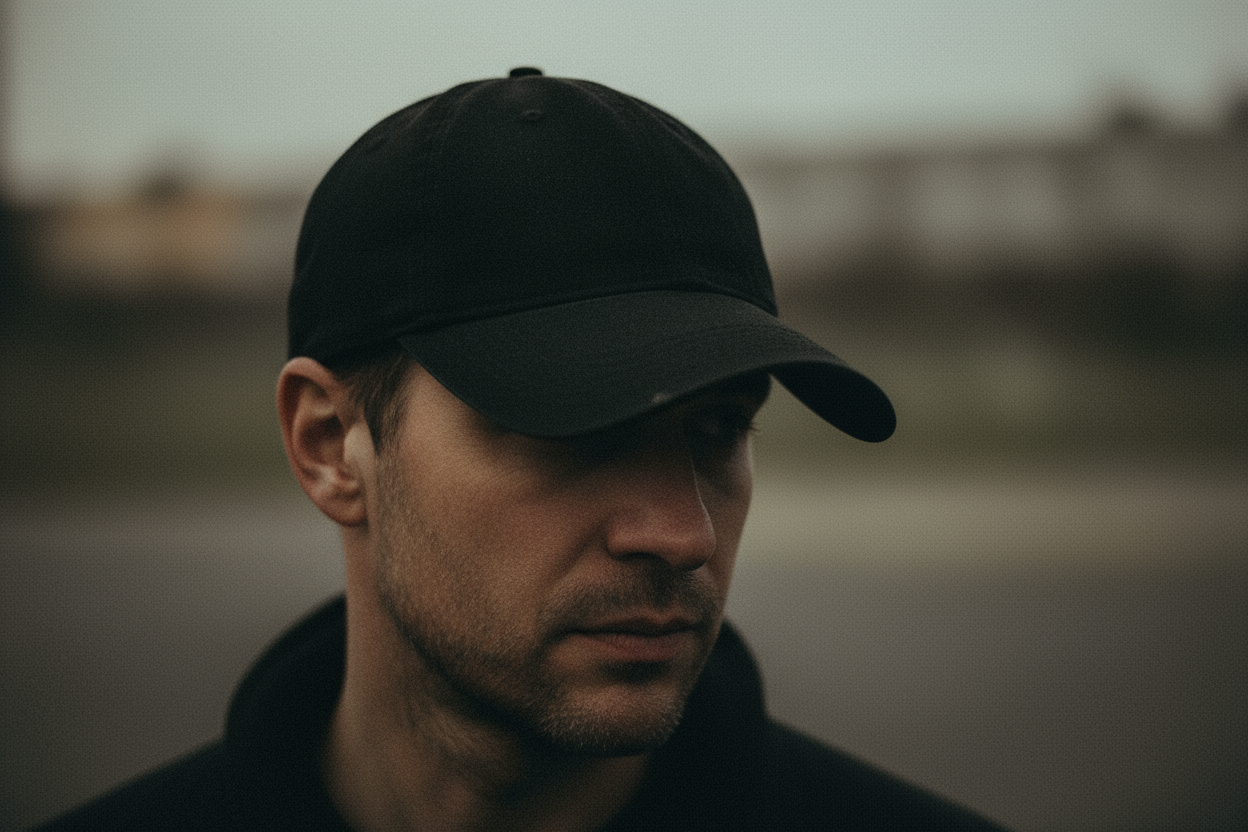 a male wearing a basic baseball cap, film grain, cinematic